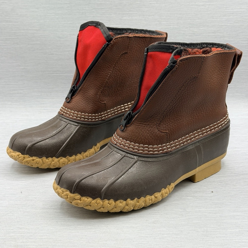 LL Bean Women's 7 Waterproof Boots Brown Leather Duck Flannel Lined Zip 51529